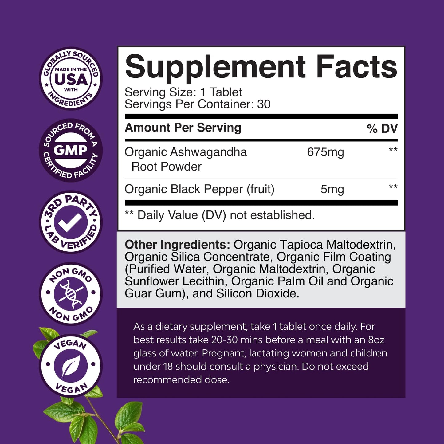 High Strength Organic Ashwagandha Tablets – Mood Support & Hormone Balance (30 Ct) with Black Pepper