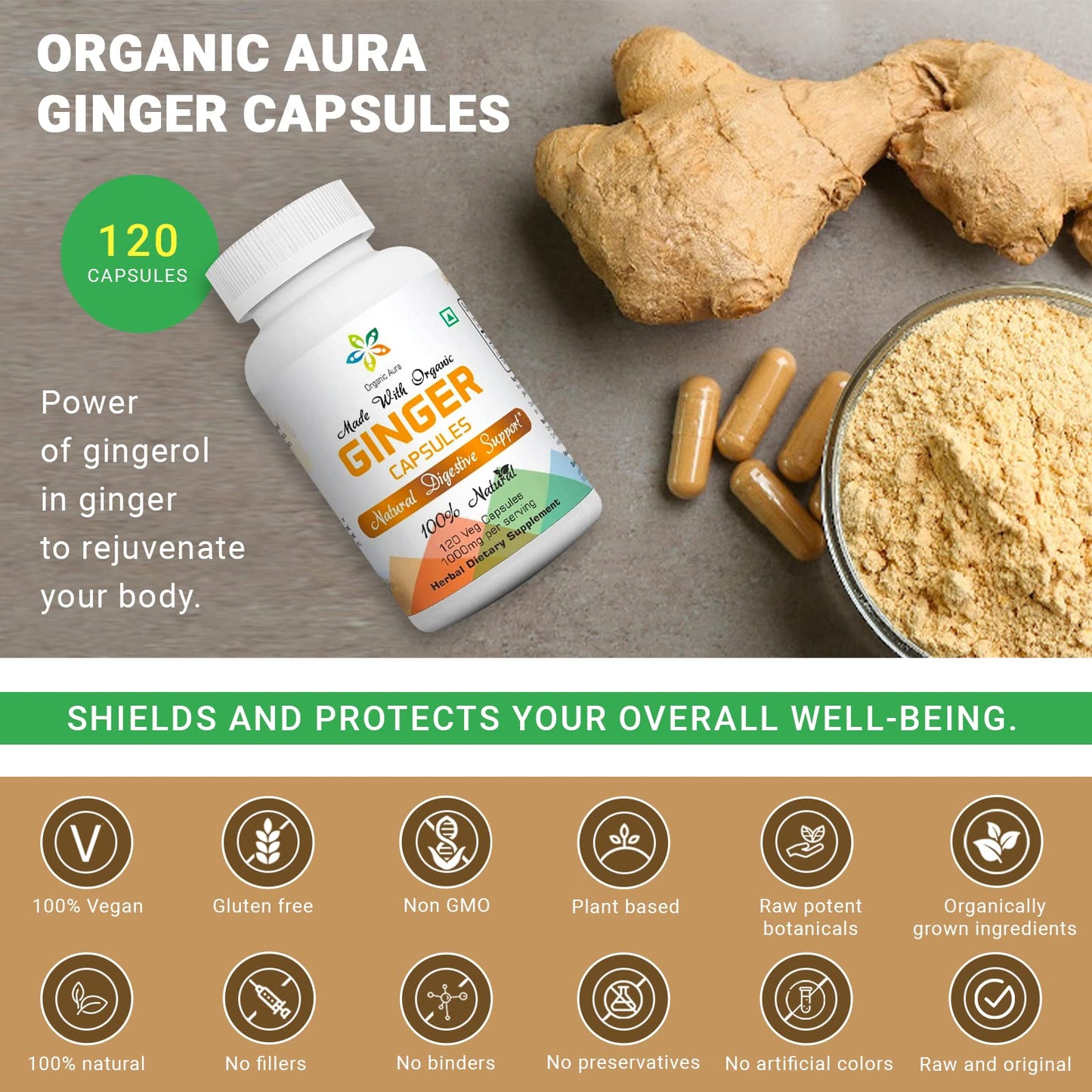 Organic Aura Ginger Capsules – 120 Veg Capsules (2 Month Supply)