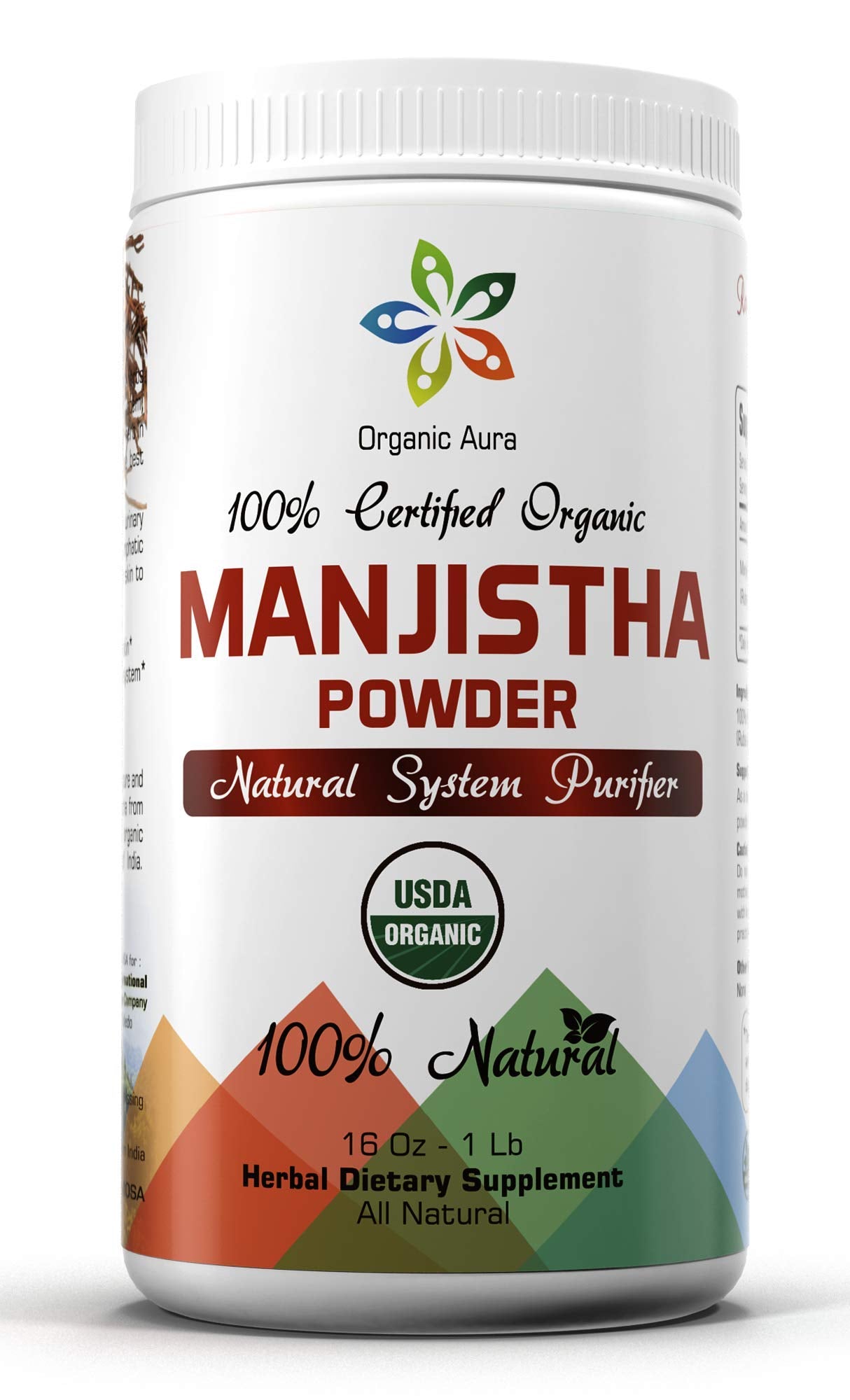 Organic Aura Premium Pure Manjistha Powder – 16 oz (1 lb), USDA Certified Organic, 100% All Natural, Gluten Free