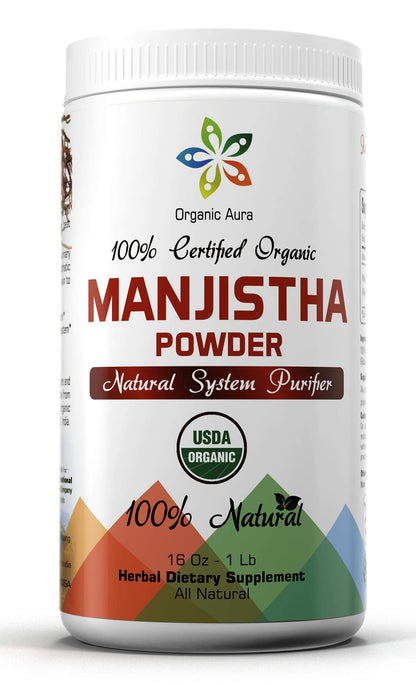 Organic Aura Premium Pure Manjistha Powder – 16 oz (1 lb), USDA Certified Organic, 100% All Natural, Gluten Free