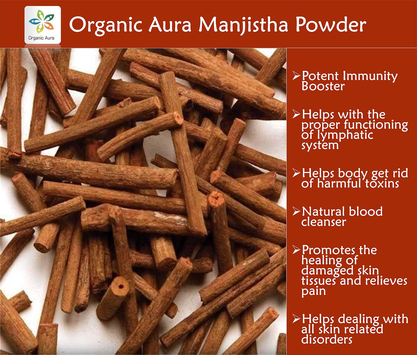 Organic Aura Premium Pure Manjistha Powder – 16 oz (1 lb), USDA Certified Organic, 100% All Natural, Gluten Free
