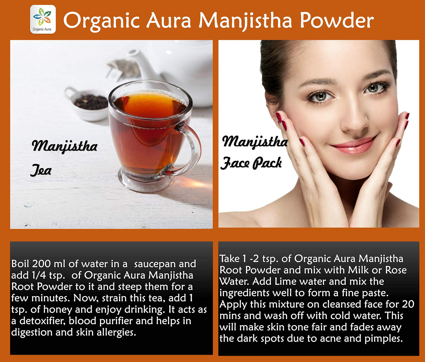 Organic Aura Premium Pure Manjistha Powder – 16 oz (1 lb), USDA Certified Organic, 100% All Natural, Gluten Free