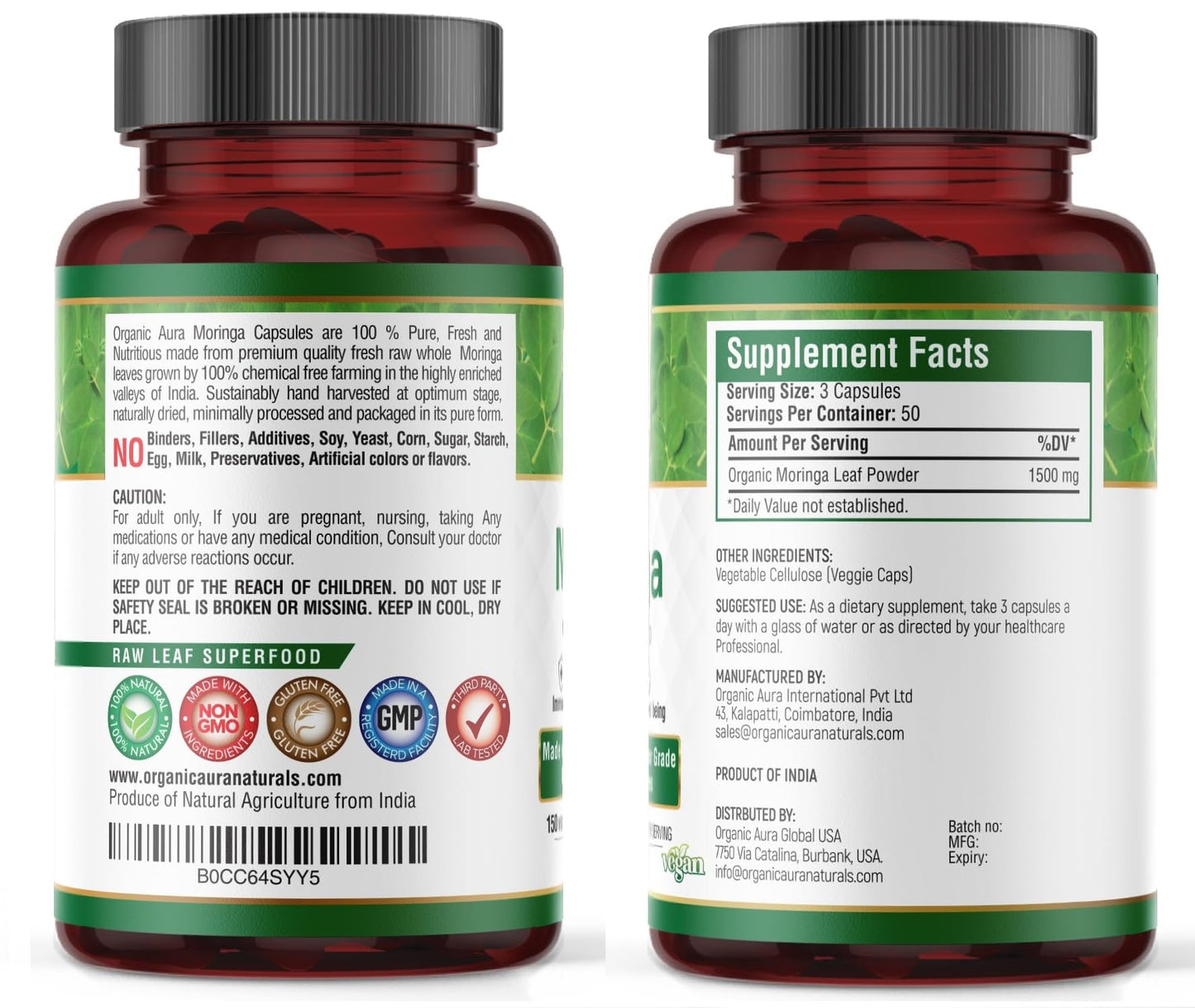 Organic Aura Moringa Leaf Capsules - 1500mg, 150 Veg Capsules, Non-GMO