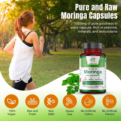 Organic Aura Moringa Leaf Capsules - 1500mg, 150 Veg Capsules, Non-GMO