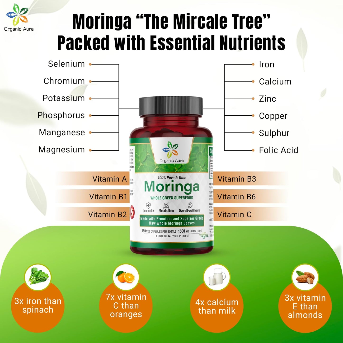 Organic Aura Moringa Leaf Capsules - 1500mg, 150 Veg Capsules, Non-GMO