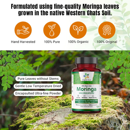 Organic Aura Moringa Leaf Capsules - 1500mg, 150 Veg Capsules, Non-GMO
