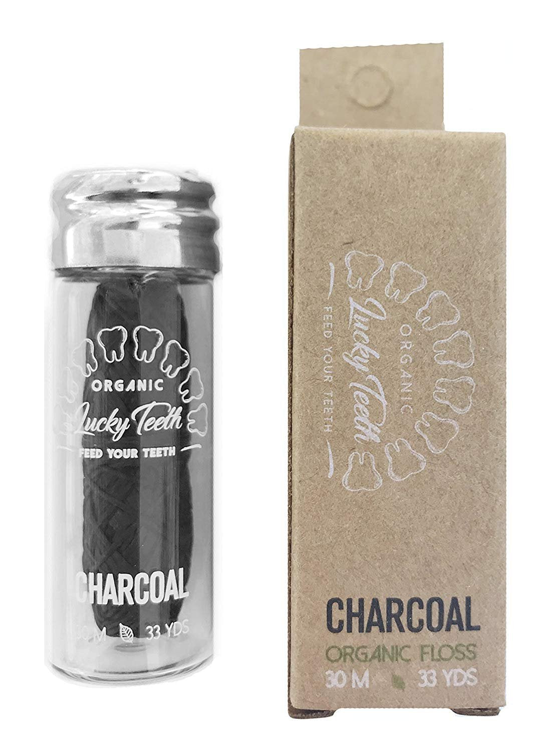 Organic Bamboo Charcoal Floss in Glass Jar – Tea Tree & Peppermint | 30 m / 33 yds | Lucky Teeth