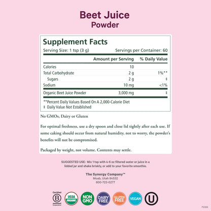PURE SYNERGY Organic Beet Juice Powder | Pre-Workout Supplement (6.4 oz)