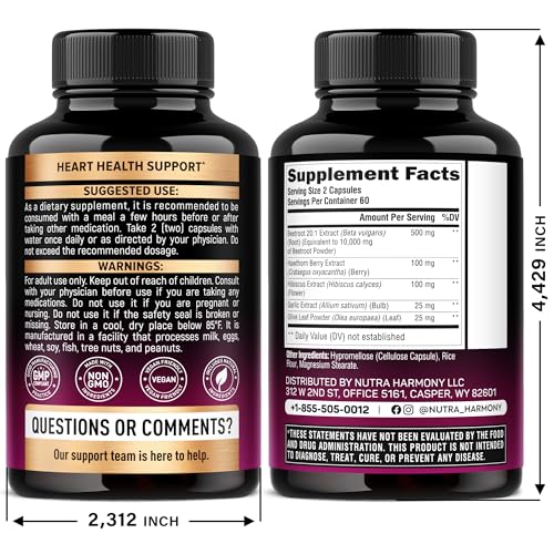 Beet Root Capsules - Heart Health & Blood Pressure Support | Hawthorn Berry, Hibiscus & Garlic - USA Made, 120 Capsules