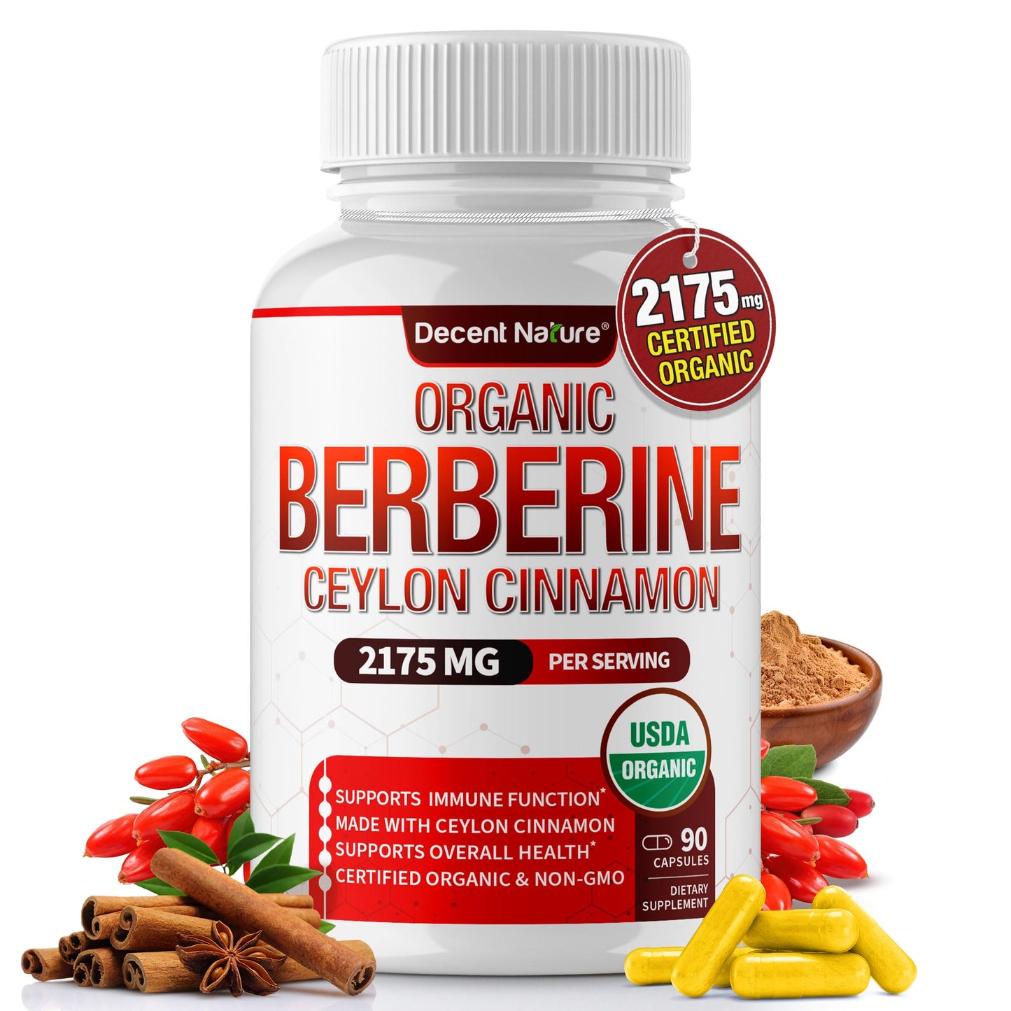 Organic Berberine with Ceylon Cinnamon 2175mg - 90 Capsules | USDA Organic