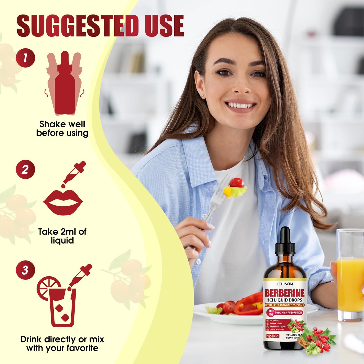 12-in-1 Berberine Liquid Drops – 2 Fl Oz, 3000mg Liposomal Berberine HCL with Cinnamon & Turmeric