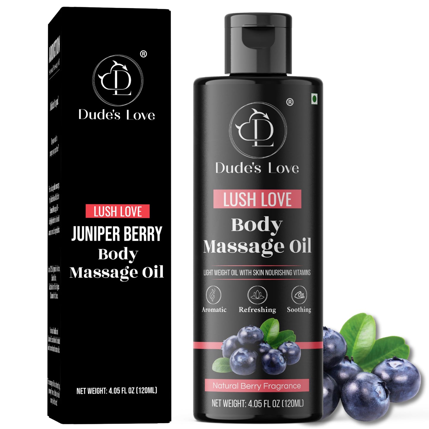 Organic Berry Full Body Massage Oil - Revitalising & Detoxifying | No Stain & Non-Sticky | with Fractionated Coconut Oil, Lime & Juniper Berry Oil - 4.05 Fl Oz