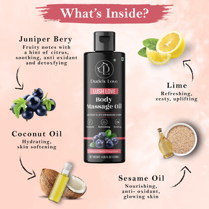 Organic Berry Full Body Massage Oil - Revitalising & Detoxifying | No Stain & Non-Sticky | with Fractionated Coconut Oil, Lime & Juniper Berry Oil - 4.05 Fl Oz