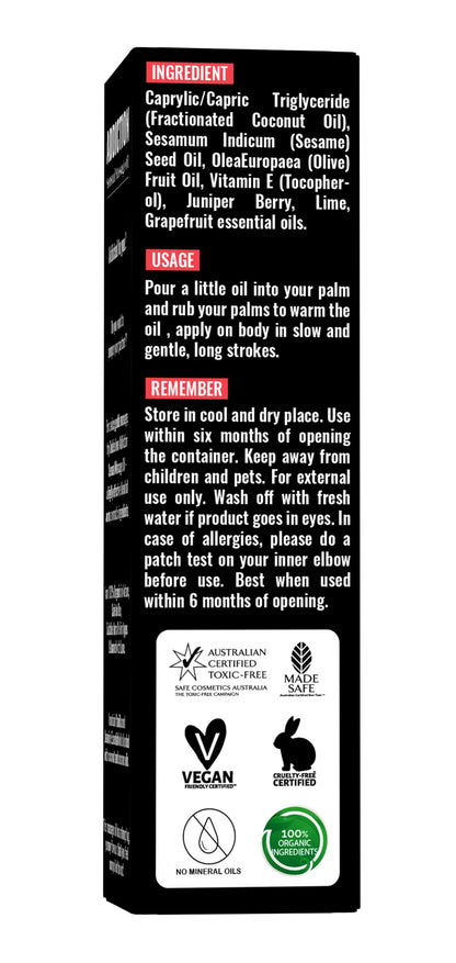Organic Berry Full Body Massage Oil - Revitalising & Detoxifying | No Stain & Non-Sticky | with Fractionated Coconut Oil, Lime & Juniper Berry Oil - 4.05 Fl Oz