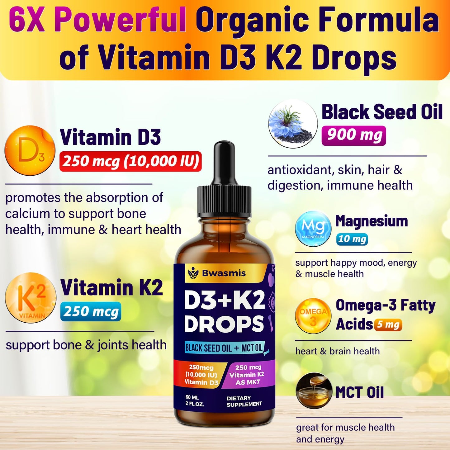 Vitamin D3 K2 Drops 10000IU with Organic Black Seed Oil – 6-in-1 Liquid (2 oz)