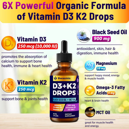 Vitamin D3 K2 Drops 10000IU with Organic Black Seed Oil – 6-in-1 Liquid (2 oz)