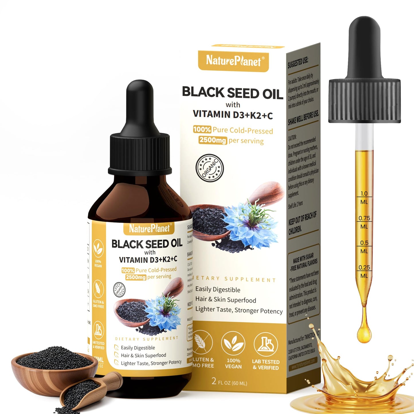 Organic Black Seed Oil Multivitamin Drops with D3, K2 & C | 2 oz (60 ml) Vegan, Gluten-Free