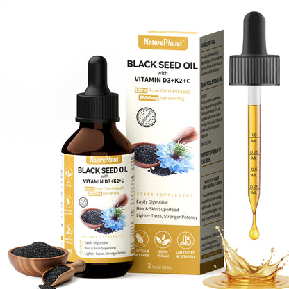 Organic Black Seed Oil Multivitamin Drops with D3, K2 & C | 2 oz (60 ml) Vegan, Gluten-Free