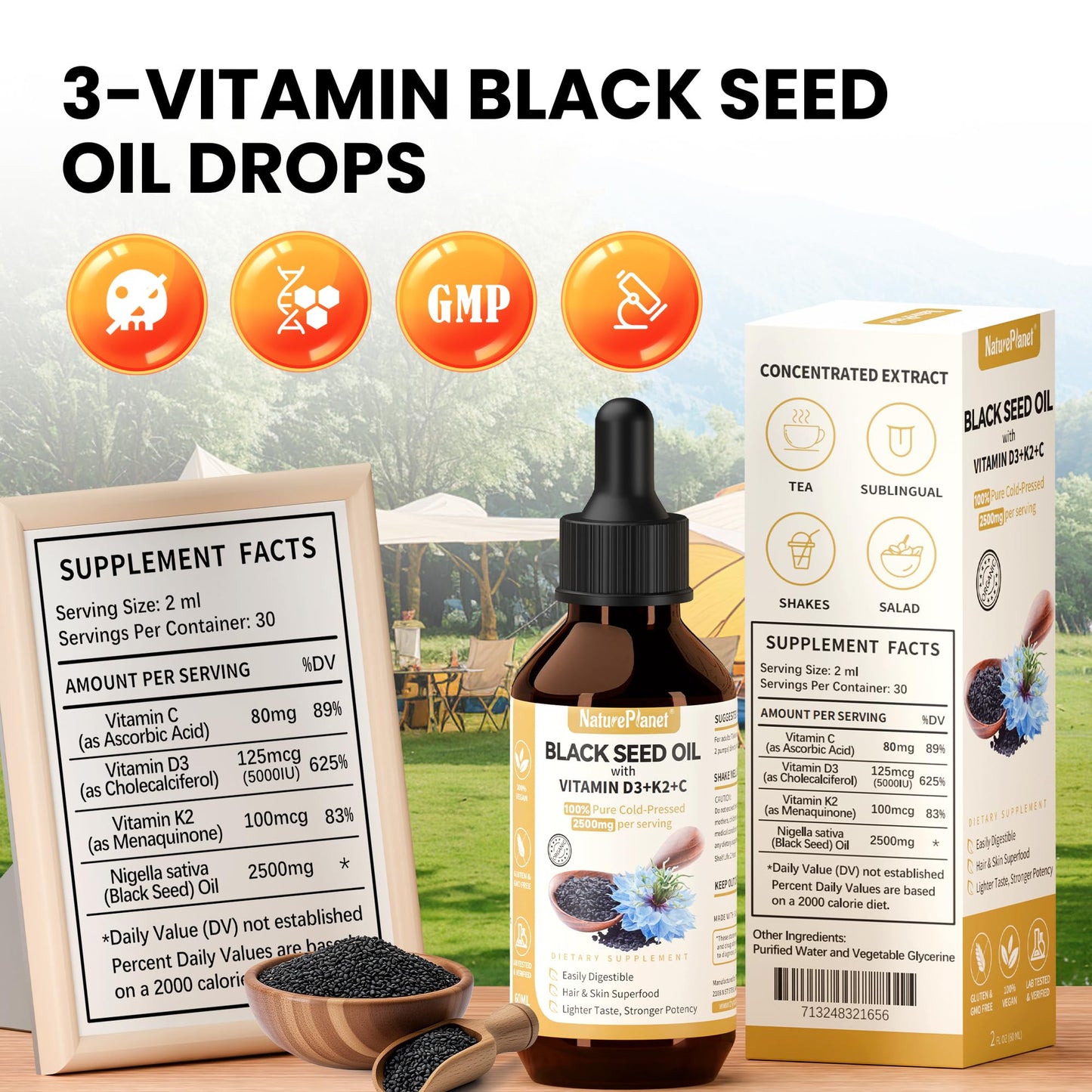 Organic Black Seed Oil Multivitamin Drops with D3, K2 & C | 2 oz (60 ml) Vegan, Gluten-Free
