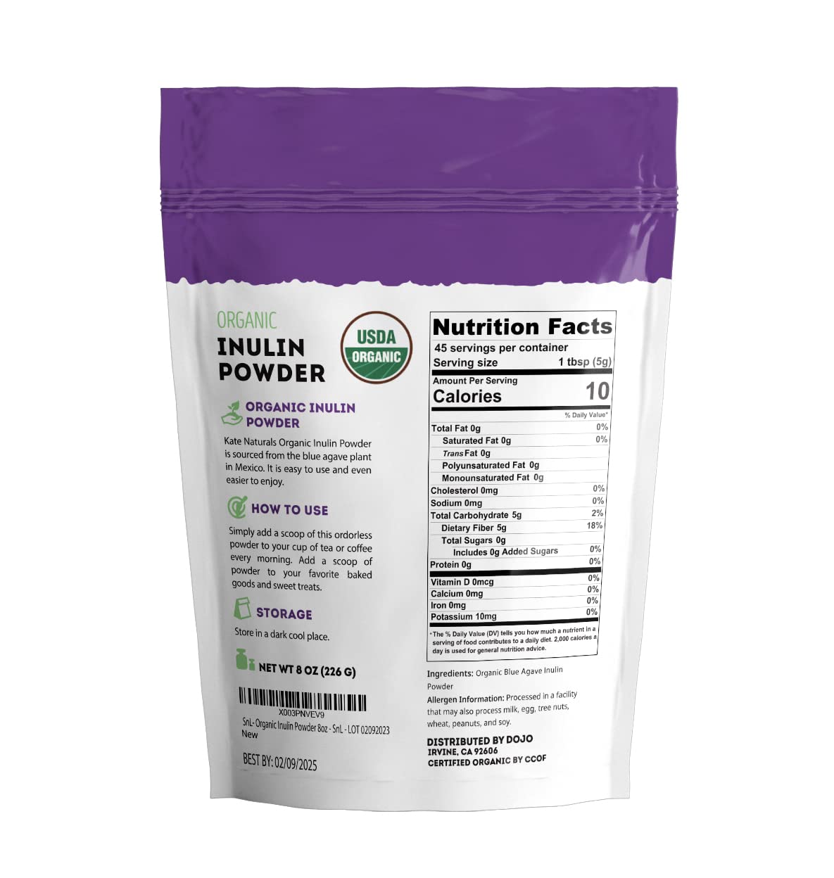 Kate Naturals Inulin Powder Organic Blue Agave (8oz) - Prebiotic Fiber for Coffee, Yogurt & Smoothies