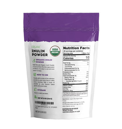 Kate Naturals Inulin Powder Organic Blue Agave (8oz) - Prebiotic Fiber for Coffee, Yogurt & Smoothies