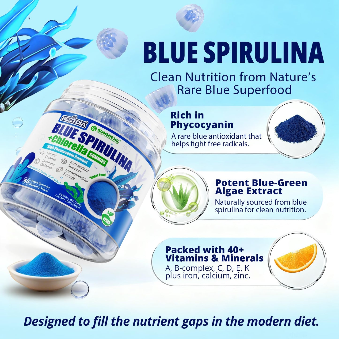 Organic Blue Spirulina Gummies – High Phycocyanin, Chlorella & CoQ10 (60 Ct) – Sugar Free