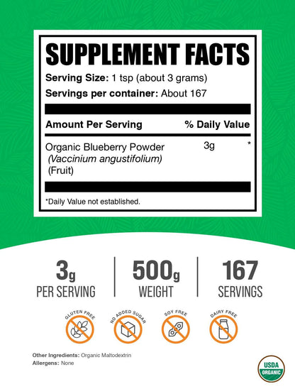 BulkSupplements Organic Blueberry Powder – Antioxidant Support, Vegan & Gluten Free, 3g per Serving, 500g (1.1 lbs) Pack of 1