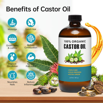 Organic Castor Oil Patches Kit – 50 Pack, 8oz Cold-Pressed, Hexane-Free