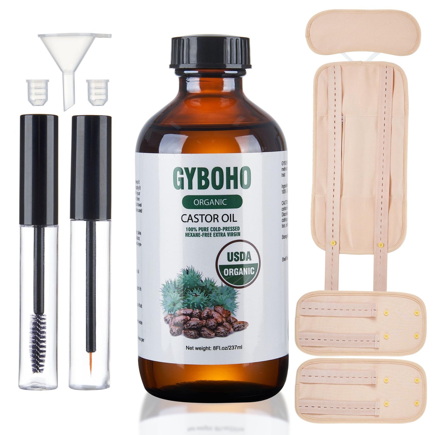 8oz Organic Castor Oil + 4 Reusable Pack Wraps – Eyebrow & Lash Care Kit