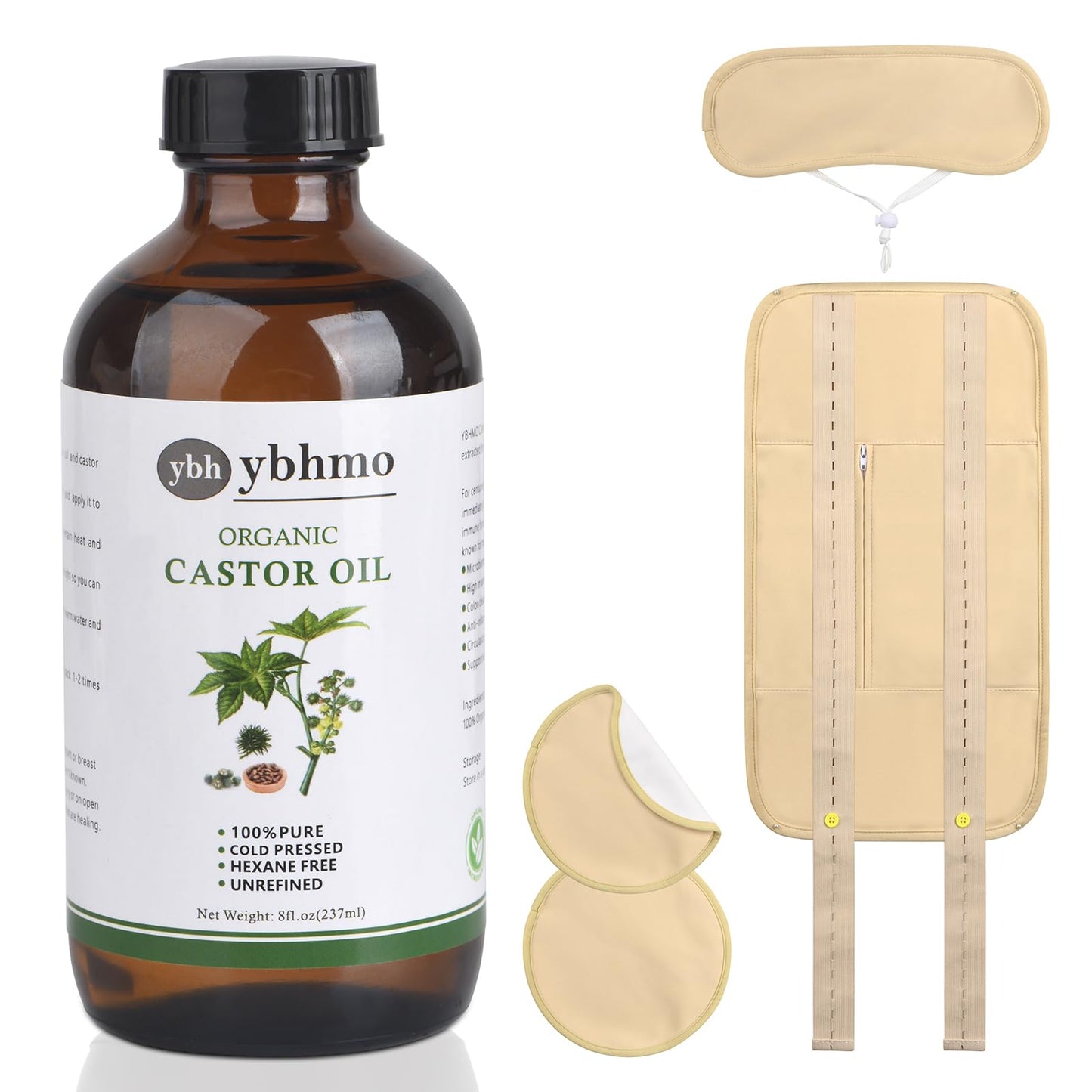 Organic Castor Oil Cold Pressed – 8oz Glass Bottle | Castor Oil Pack Wrap (Organic Cotton) for Neck, Chest & Abdomen