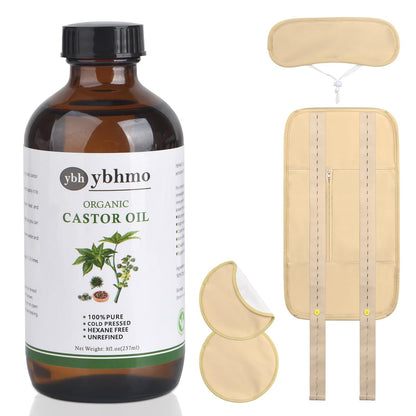Organic Castor Oil Cold Pressed – 8oz Glass Bottle | Castor Oil Pack Wrap (Organic Cotton) for Neck, Chest & Abdomen