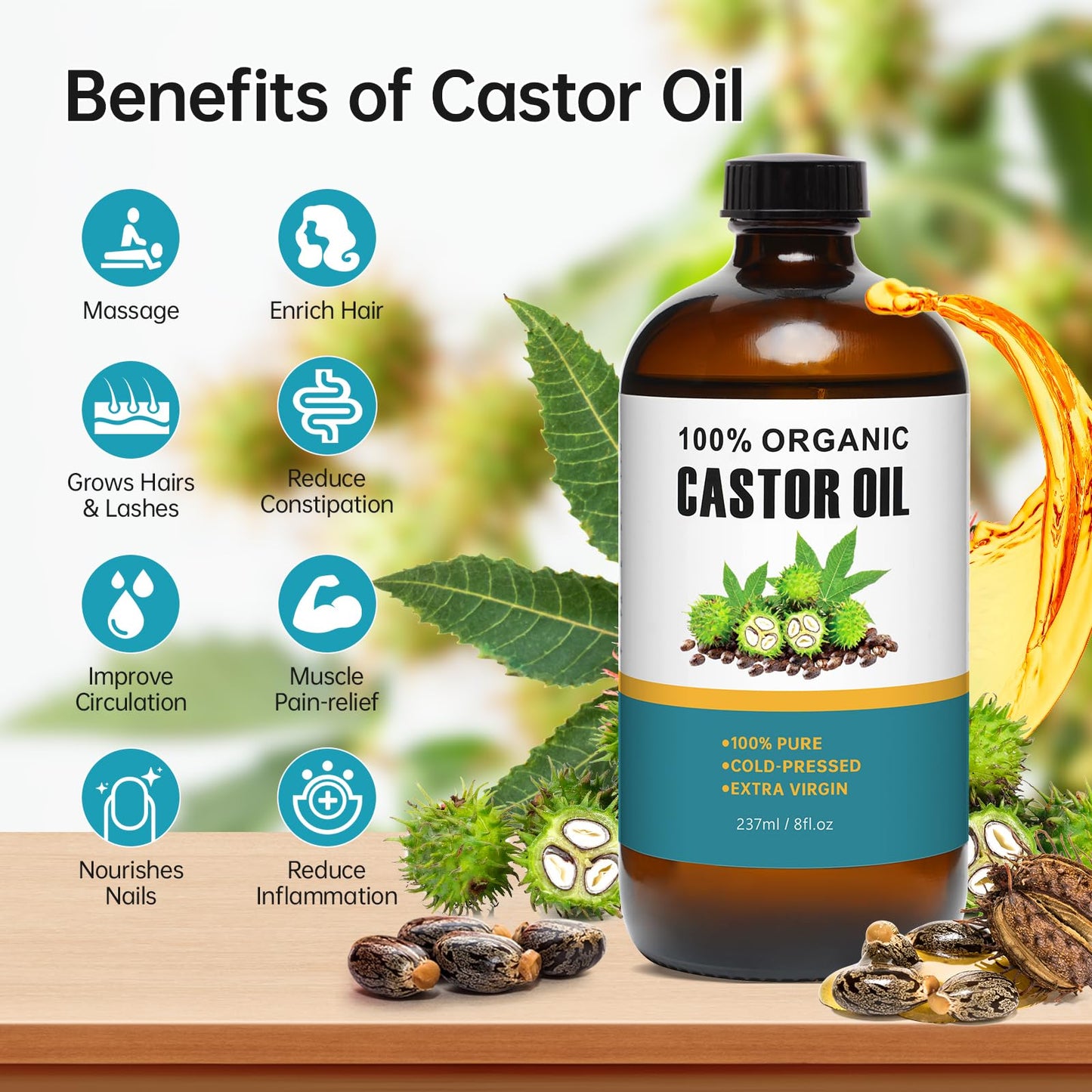 45 Pack Castor Oil Patches Kit - 8 oz Organic Cold-Pressed, Hexane Free