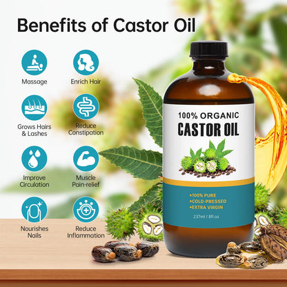 45 Pack Castor Oil Patches Kit - 8 oz Organic Cold-Pressed, Hexane Free
