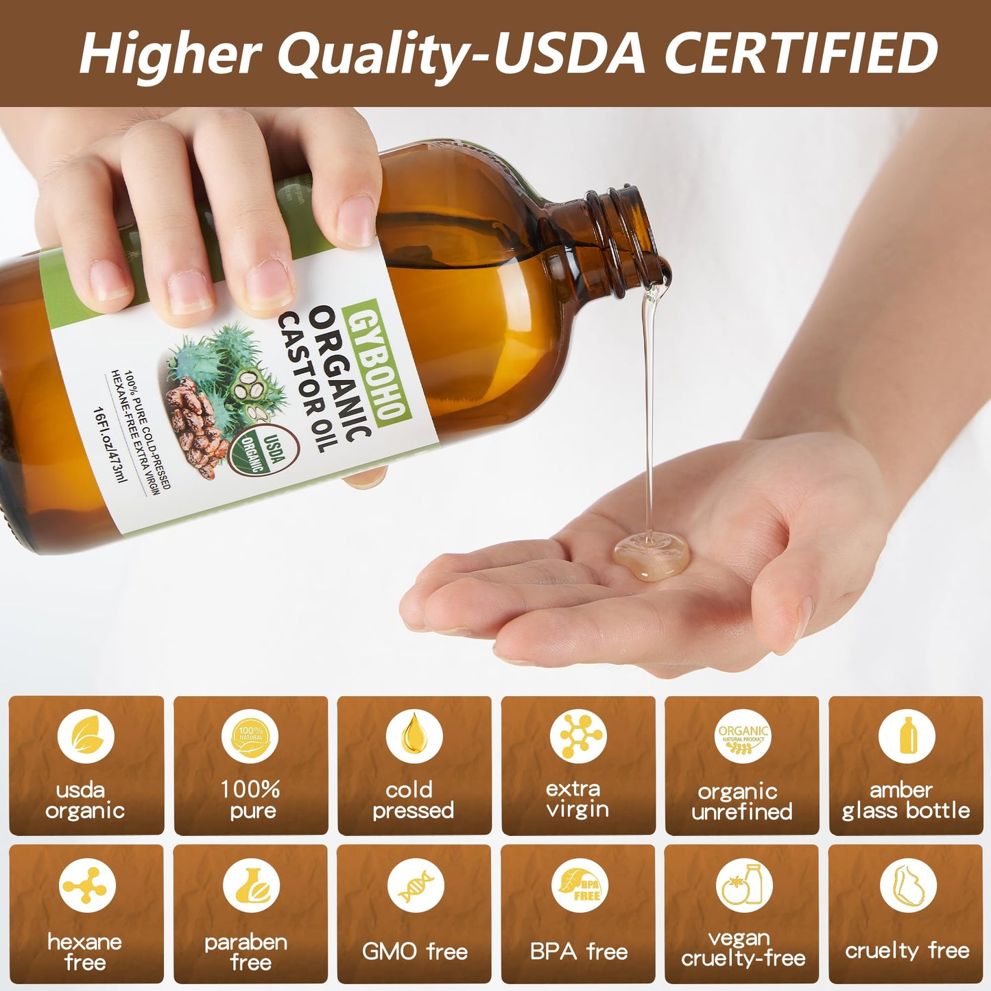 Organic Castor Oil 16oz – Cold Pressed, Glass Bottle | Hair Growth & Liver Detox