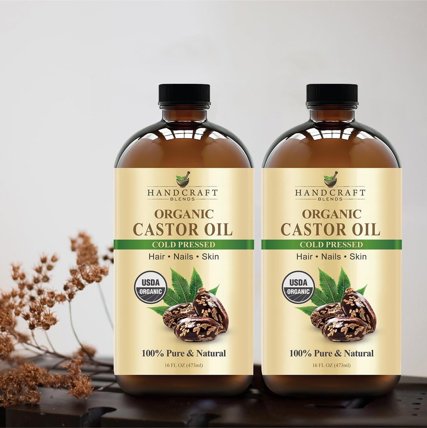 Handcraft Blends Cold-Pressed Organic Castor Oil 16 Fl Oz | Glass Bottle | 100% Pure & Natural | Premium Grade Carrier Oil | Hair, Eyelashes and Eyebrows | Hair and Body