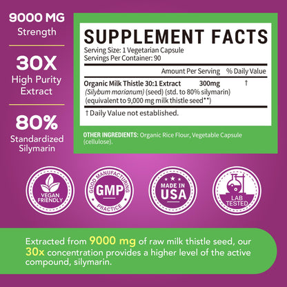Organic Milk Thistle 9000 mg Equivalent – 30X Extract, 80% Silymarin, Liver Support, 90 Veggie Caps