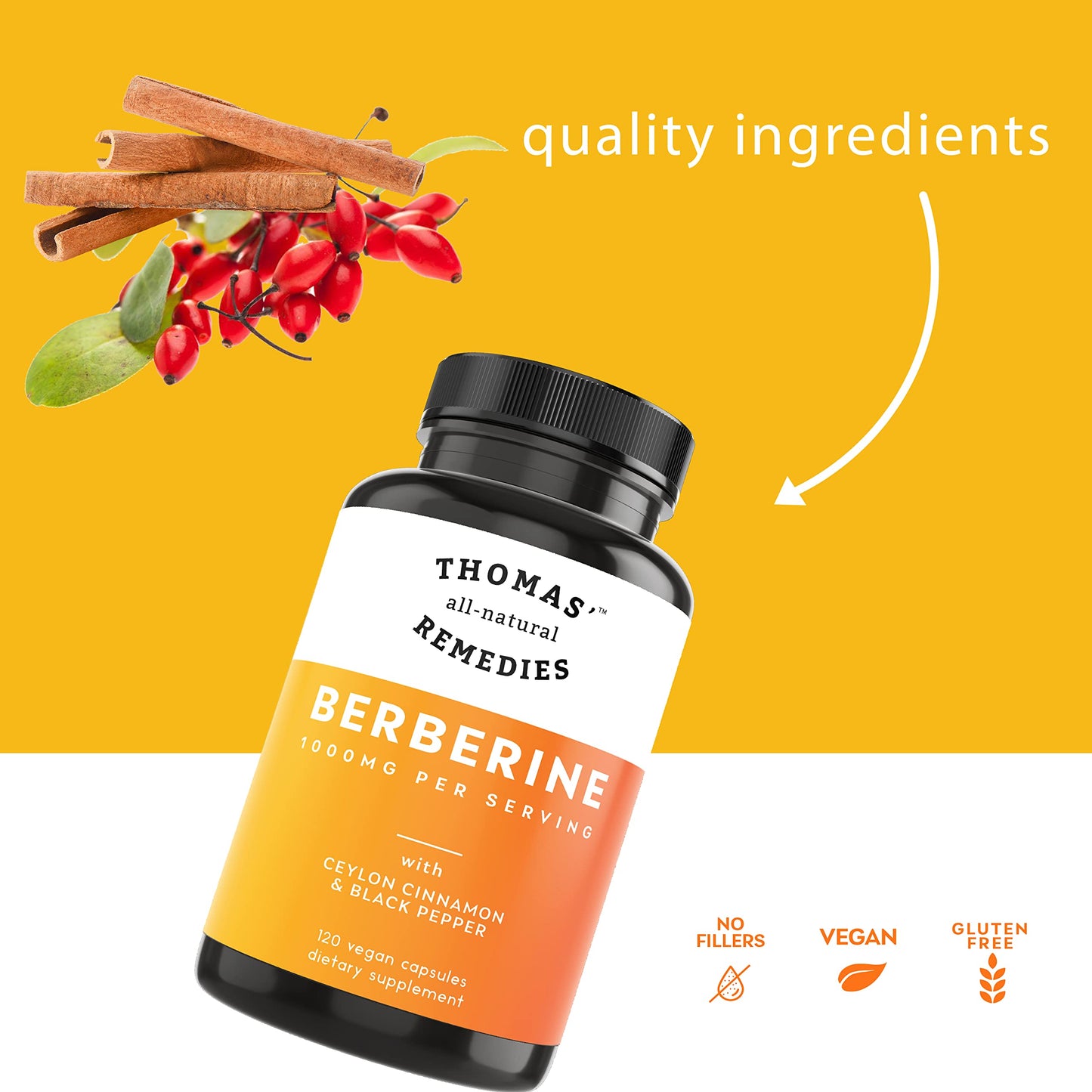 Thomas' All-Natural Berberine 500mg (1000mg per serving) - 120 Vegan Capsules