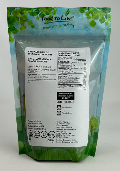 Food to Live Organic Chaga Mushroom Powder - 12 oz | Non-GMO, Pure, Vegan