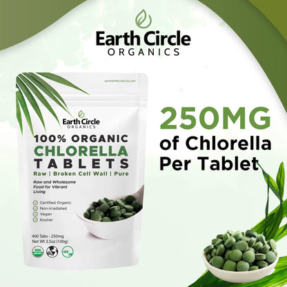 Earth Circle Organics Organic Chlorella Tablets 400 Count – High Potency, Broken Cell Wall, Vegan & Kosher | Pack of 3