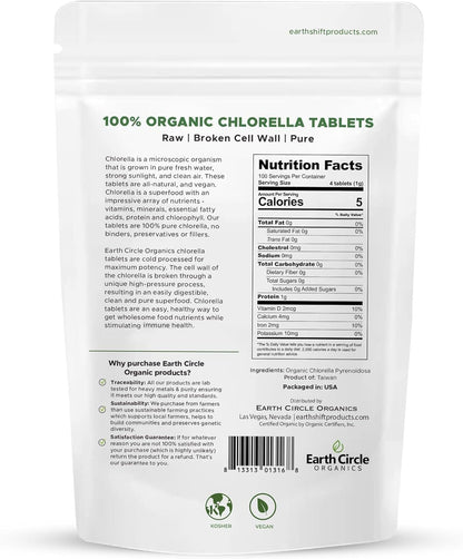 Earth Circle Organics Organic Chlorella Tablets 400 Count – High Potency, Broken Cell Wall, Vegan & Kosher | Pack of 3