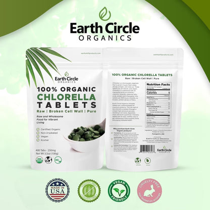 Earth Circle Organics Organic Chlorella Tablets 400 Count – High Potency, Broken Cell Wall, Vegan & Kosher | Pack of 3