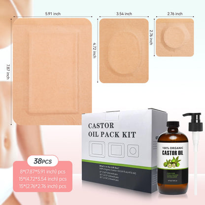 Castor Oil Pack Set - 38 Patches, 16oz Organic Cold-Pressed Castor Oil