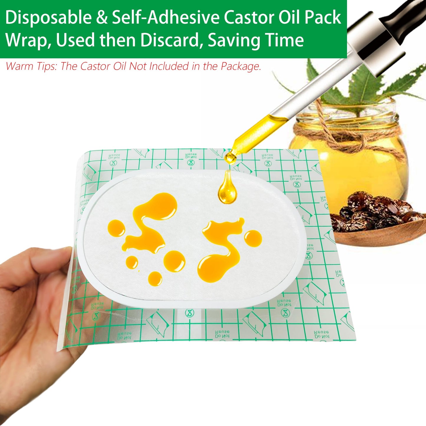 20 Pack Disposable Castor Oil Pack Wraps – 8x6 in, Soft PU Film, Anti-Leak, No Wash Castor Oil Pads for Sensitive Skin