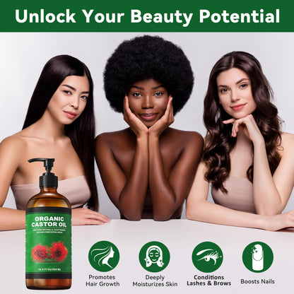 Taoscare Organic Castor Oil 16.9 oz – Cold Pressed, Unrefined in Glass Bottle | 4-Pack Castor Oil Pack Wrap Kit