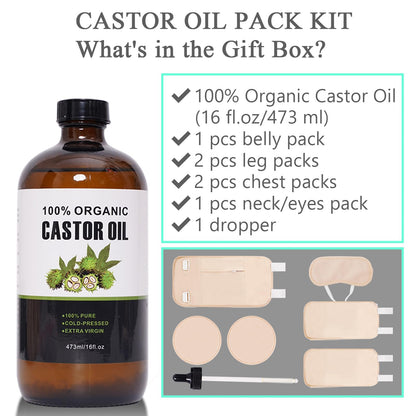 Castor Oil Organic Cold Pressed Unrefined – Glass Bottle 16oz/473ml | 6-Piece Castor Oil Pack Kit