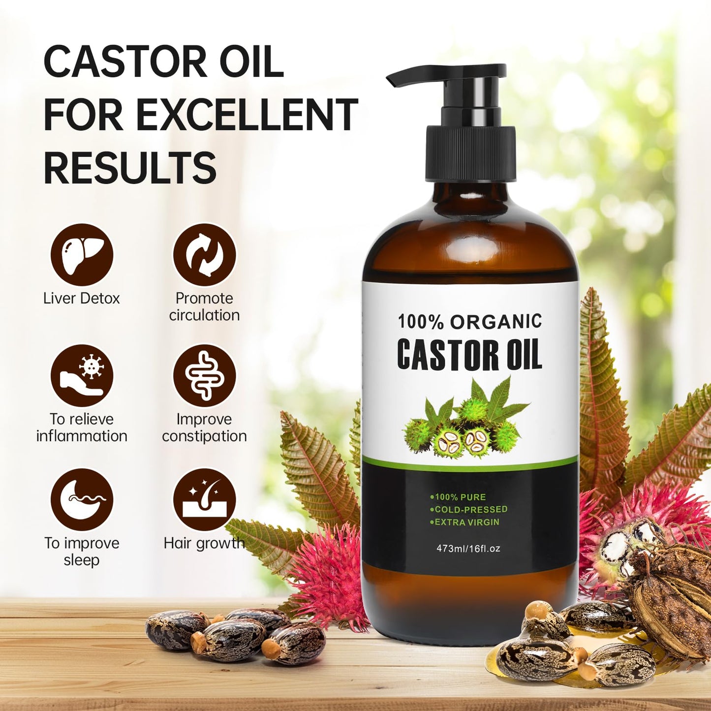 40Pcs Castor Oil Pack Wrap – Organic Cotton Patches, 16oz Amber Glass Bottle