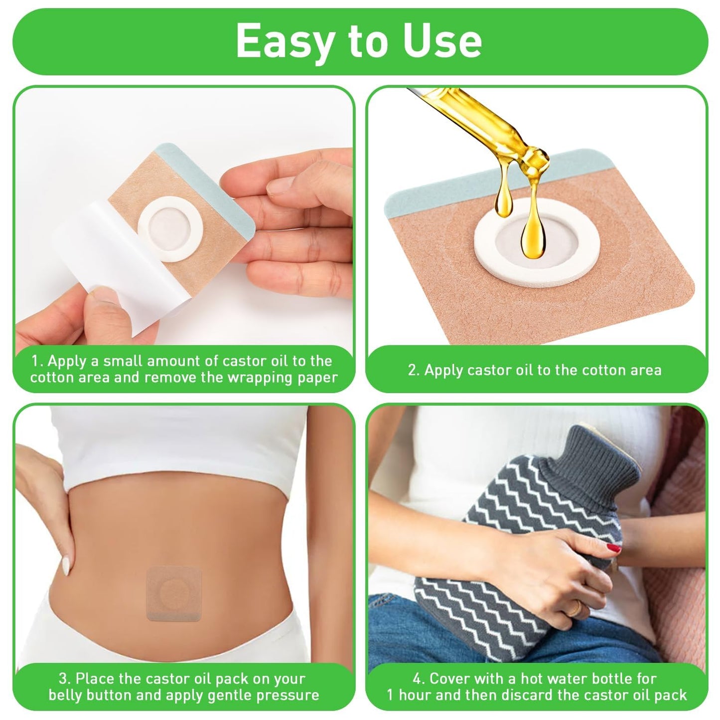 Belly Button Castor Oil Patch - 100 Pcs Disposable Pack Wraps, Organic Cotton Self-Adhesive