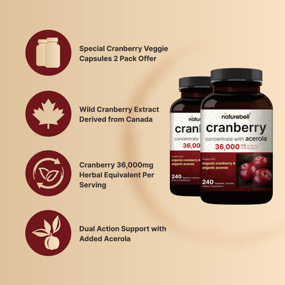 NatureBell Cranberry Pills 2 Pack – 36,000mg Extract, Acerola | Organic, Sugar Free