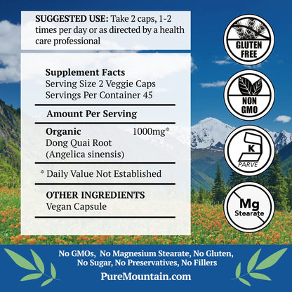 Pure Mountain Botanicals Dong Quai Capsules – 500mg Organic Dong Quai Root, Kosher & Vegan