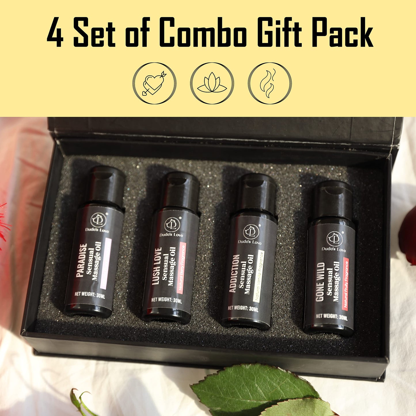 Organic Edible Massage Oil Set – 4 Travel-Size Bottles in Gift Box (Fractionated Coconut Oil)